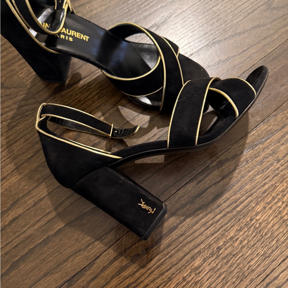Saint Laurent Black and Gold suede Strappy Heels